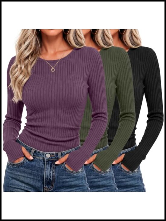 Tops - Ribbed Cotton Long Sleeve Thumbhole Crop Top Slim Fit Crew Neck